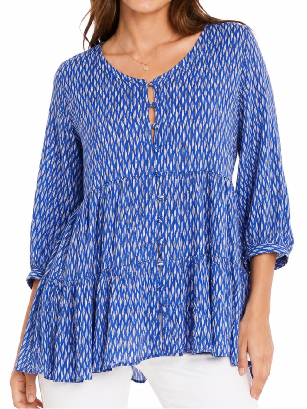 Maeve Blue Printed Tiered Peasant Blouse Top Medium Anthropologie Boho Rayon